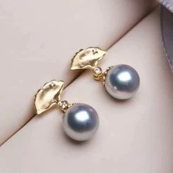 Takaramonobr Akoya Pearls Ginkgo Leaf 8.0-8.5 Mm Silver-Blue Round Akoya Pearl Earrings With Diamond In 18K Gold