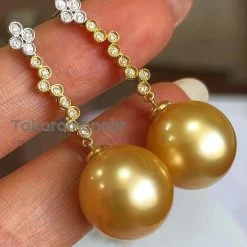 Best Sale ❤️ Takaramonobr Waterdrops 13.0-14.0 Mm Golden South Sea Pearl Earrings In Gold With Diamonds 🛒 16 Takaramonobr Waterdrops 13.0-14.0 Mm Golden South Sea Pearl Earrings In Gold With Diamonds