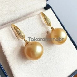 Takaramonobr Golden South Sea Pearls Plump Pave Diamond And Pearl French Hook Earrings, 13.0-14.0 Mm Golden South Sea Pearl