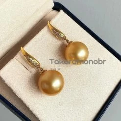 Takaramonobr Golden South Sea Pearls Plump Pave Diamond And Pearl French Hook Earrings, 13.0-14.0 Mm Golden South Sea Pearl