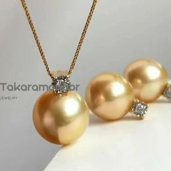 Takaramonobr Forever Elegant 10.0-11.0 Mm Golden South Sea Pearl & Diamond Earrings/Pendant In Gold Different Pearl Type In Same Style