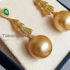 Takaramonobr Plumage 13.0-14.0 Mm Golden South Sea Pearl & Diamond Emerald Earrings In G18k
