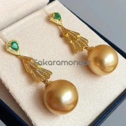 Takaramonobr Plumage 13.0-14.0 Mm Golden South Sea Pearl & Diamond Emerald Earrings In G18k