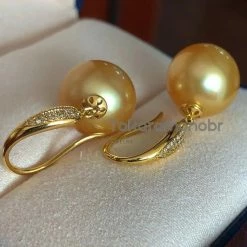 Takaramonobr Golden South Sea Pearls Plump Pave Diamond And Pearl French Hook Earrings, 13.0-14.0 Mm Golden South Sea Pearl