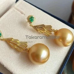Takaramonobr Plumage 13.0-14.0 Mm Golden South Sea Pearl & Diamond Emerald Earrings In G18k