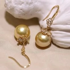 Takaramonobr Different Pearl Type In Same Style Ripples 10.0-11.0 Mm Golden South Sea Pearl & Diamond Dangle Earrings In Gold