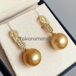 Takaramonobr Glimmer 13.0-14.0 Mm Golden South Sea Pearl & Diamond Earrings In Gold