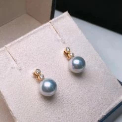 Takaramonobr 8.0-8.5mm Blue Akoya Pearl G18k French Vintage Style Pearl Earrings With Diamonds