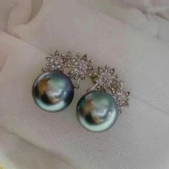 Takaramonobr White Lily 11.0-12.0 Mm Tahitian Silver-Blue Pearl Earrings In 18K Gold With Diamonds Blue Pearls