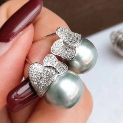 Takaramonobr Abstract 11.0-12.0 Mm Silver Blue Tahitian Pearl Earrings In 18K Gold With Diamonds Blue Pearls