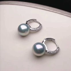 Takaramonobr Pave Diamond 8.5-9.0 Mm White/Silver Blue Akoya Dangle Pearl Earrings In 18K Gold Akoya Pearls