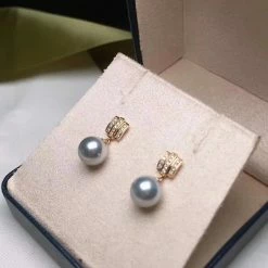 Takaramonobr Akoya Pearls 8.0-8.5 Mm Silver-Blue Akoya Pearl Earrings With Diamonds In 18K Gold