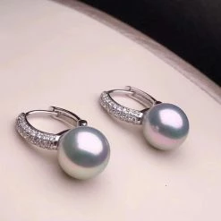 Takaramonobr Pave Diamond 8.5-9.0 Mm White/Silver Blue Akoya Dangle Pearl Earrings In 18K Gold Akoya Pearls