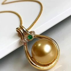 Takaramonobr Inner Beauty Golden 13.0-14.0 Mm South Sea Pearl And Diamond Emerald Pendant Golden South Sea Pearls