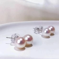 Takaramonobr 7.5-8.0 Mm White Akoya Round Pearl Stud Earrings On Solid 18-Karat White Gold