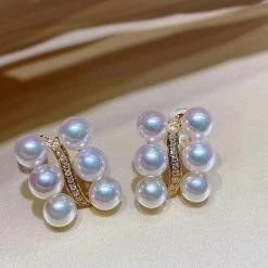 Takaramonobr 4.0-4.5 Mm White Akoya Pearl Cluster Half Hoop Earrings With Diamonds In Gold