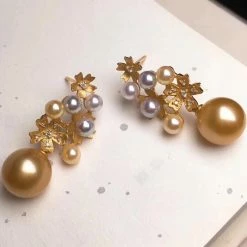 Takaramonobr Akoya Pearls Multiple Pearls Cluster 10.0-11.0 Mm Akoya & Golden South Sea Pearl & Diamond Earrings