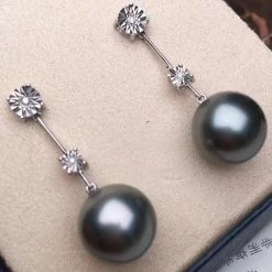 Takaramonobr Blue Pearls Harvest 12.0-13.0 Mm AAA Tahitian Silver-Gray Pearl & Diamond Drop Earrings
