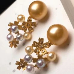 Takaramonobr Akoya Pearls Multiple Pearls Cluster 10.0-11.0 Mm Akoya & Golden South Sea Pearl & Diamond Earrings
