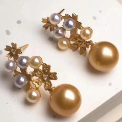 Takaramonobr Akoya Pearls Multiple Pearls Cluster 10.0-11.0 Mm Akoya & Golden South Sea Pearl & Diamond Earrings