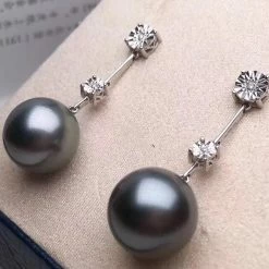 Takaramonobr Blue Pearls Harvest 12.0-13.0 Mm AAA Tahitian Silver-Gray Pearl & Diamond Drop Earrings