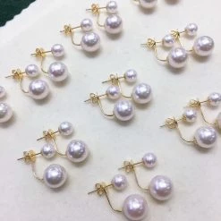 Takaramonobr Akoya Pearls Double Pearls 5.5-6.0 Mm & 8.5-9.0 Mm White Akoya Pearl Stud Earrings In 18K Gold