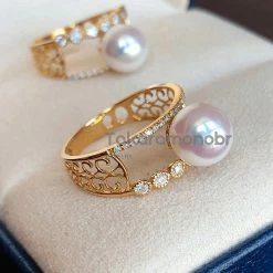 Takaramonobr Symmetry 8.0-8.5 Mm Japanese Akoya Pearl & Diamond Ring