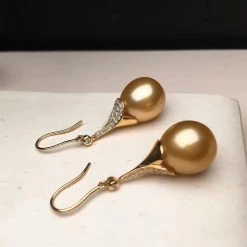 Takaramonobr Diamond Trumpet French Hook Pearl Earrings, 12.0-13.0 Mm Golden South Sea Pearl