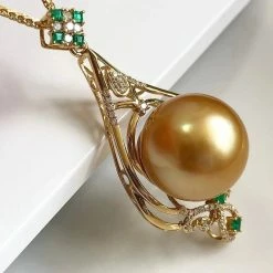 Takaramonobr Dazzling Golden 14.0-15.0 Mm South Sea Pearl And Diamond Emerald Pendant In Gold Golden South Sea Pearls