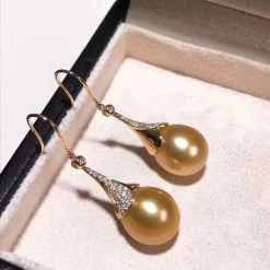 Takaramonobr Diamond Trumpet French Hook Pearl Earrings, 12.0-13.0 Mm Golden South Sea Pearl