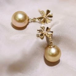 Takaramonobr Sunflower 9.0-10.0mm Golden South Sea Pearl & Diamond Earrings In G18k