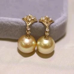 Takaramonobr Ginkgo Leaf 10.0-11.0 Mm Golden South Sea Pearl & Diamond Earrings Golden South Sea Pearls