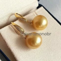 Takaramonobr Golden South Sea Pearls Plump Pave Diamond And Pearl French Hook Earrings, 13.0-14.0 Mm Golden South Sea Pearl
