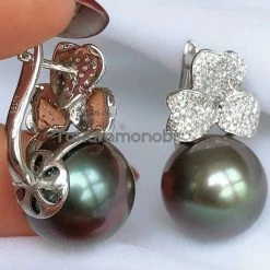 Takaramonobr Clover 12.0-14.0 Mm Tahitian Purplish Black Pearl & Diamond Earrings/Pendant In 18K White Gold Different Pearl Type In Same Style