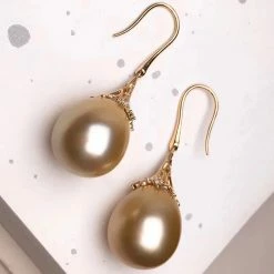 Takaramonobr Golden South Sea Pearls Ripples 14.0-15.0 Mm Golden South Sea Pearl Dangle Earrings In Gold With Diamonds