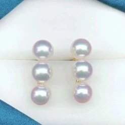 Takaramonobr Tri-Pearl 7.5-8.0 Mm Japanese Akoya Pearl Stud Earrings In 18K Gold