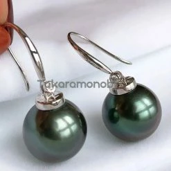 Takaramonobr 12.0-13.0 Mm Tahitian Black Green Pearl & Diamond French Hooks Earrings/Pendant In G18k