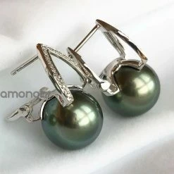 Takaramonobr Black Pearls Pyramid Collection 12.0-13.0 Mm Tahitian Black Green Pearl & Diamond Earrings In G18K