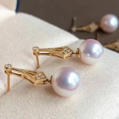 Takaramonobr 8.0-8.5 Mm Japanese Akoya Cultured Pearl Earring Pair With Diamonds In White Akoya Pearls