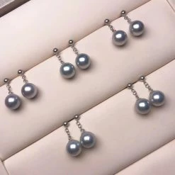 Takaramonobr 7.5-8.0 Mm Silver Blue Akoya Pearl Dangle Earrings Mounted On 18K Gold