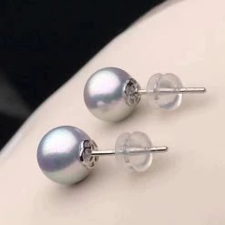 Takaramonobr 8.0-8.5 Mm AAA Silver-Blue Akoya Round Pearl Stud Earrings Mounted On Solid 18-Karat White Gold Akoya Pearls