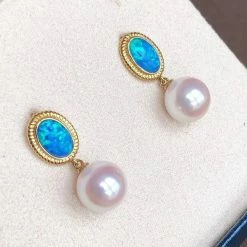Takaramonobr Akoya Pearls Romantic Collection 8.0-8.5 Mm White Akoya Pearl & Opal Earrings