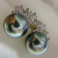 Takaramonobr White Lily 11.0-12.0 Mm Tahitian Silver-Blue Pearl Earrings In 18K Gold With Diamonds Blue Pearls