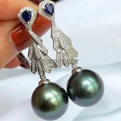 Takaramonobr Black Pearls Plumage 13.0-14.0 Mm Tahitian Blue Green Pearl & Diamond Sapphire Earrings In G18k