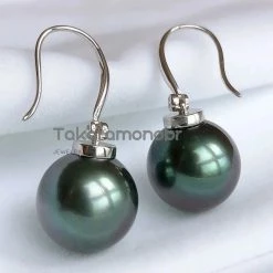 Takaramonobr 12.0-13.0 Mm Tahitian Black Green Pearl & Diamond French Hooks Earrings/Pendant In G18k