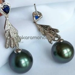 Takaramonobr Black Pearls Plumage 13.0-14.0 Mm Tahitian Blue Green Pearl & Diamond Sapphire Earrings In G18k