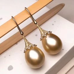 Takaramonobr Golden South Sea Pearls Ripples 14.0-15.0 Mm Golden South Sea Pearl Dangle Earrings In Gold With Diamonds