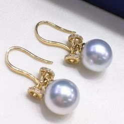 Takaramonobr Different Pearl Type In Same Style Passion 9.0-10.0 Mm White South Sea Pearl & Diamond Dangle Earrings In Gold