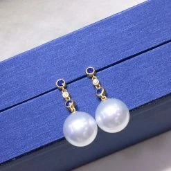 Takaramonobr Pearl Earrings Blue Rain 9.0-10.0 Mm White South Sea Pearl Sapphire Earrings In Gold With Diamonds