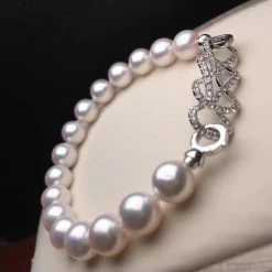 Takaramonobr 7.5-8.0 Mm Near Gem White Akoya Pearl Bracelet & Diamond In 18K Gold Clasp Akoya Pearls